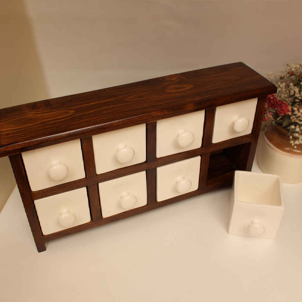 Commode en bois avec 8 tiroirs en céramique fabriquée à la main