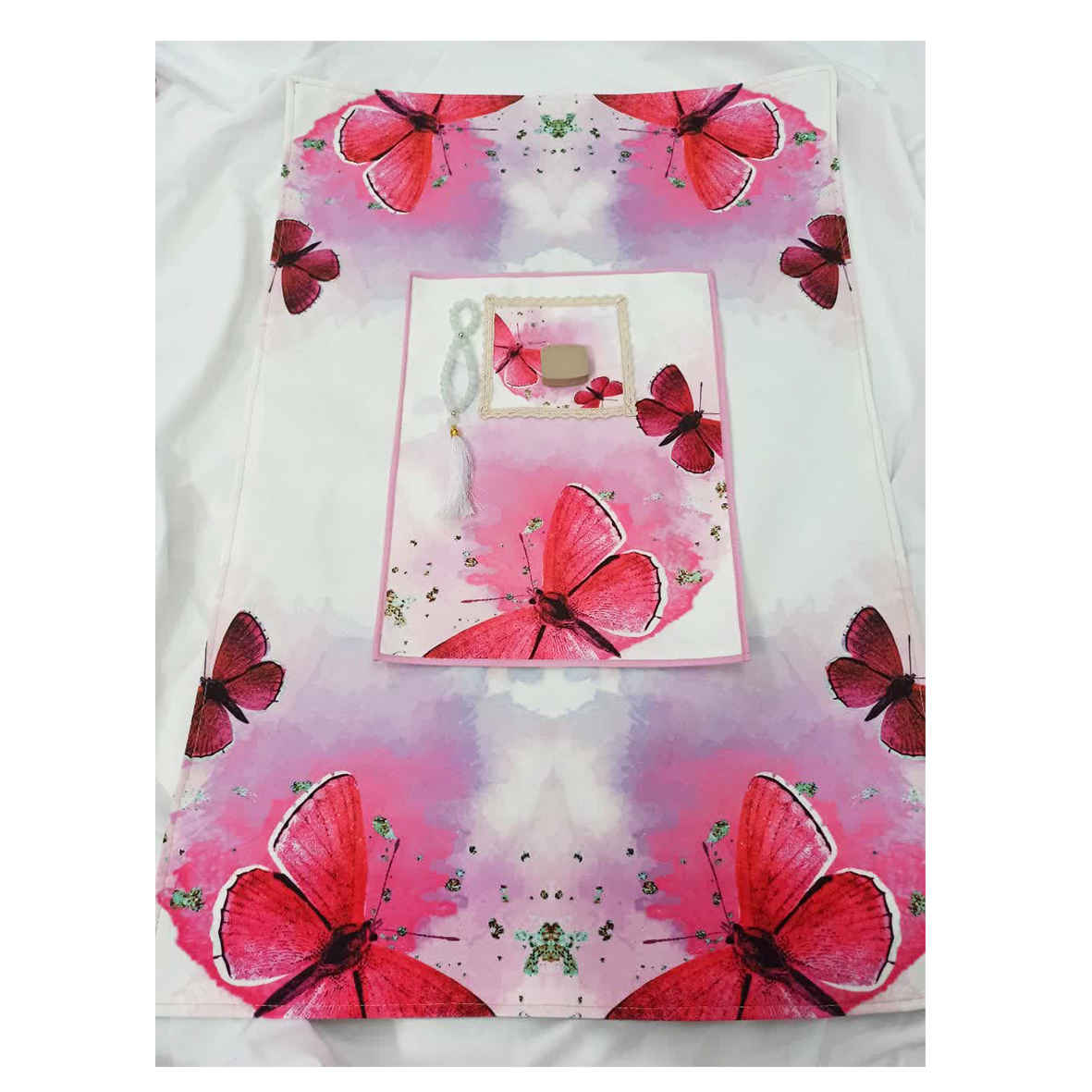 Tapis de Prière Islamique en Velours avec Motif Papillon Rose