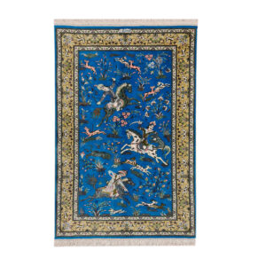 Tapis de prière persan en soie authentique noué à la main et luxueux Sajada Chasse