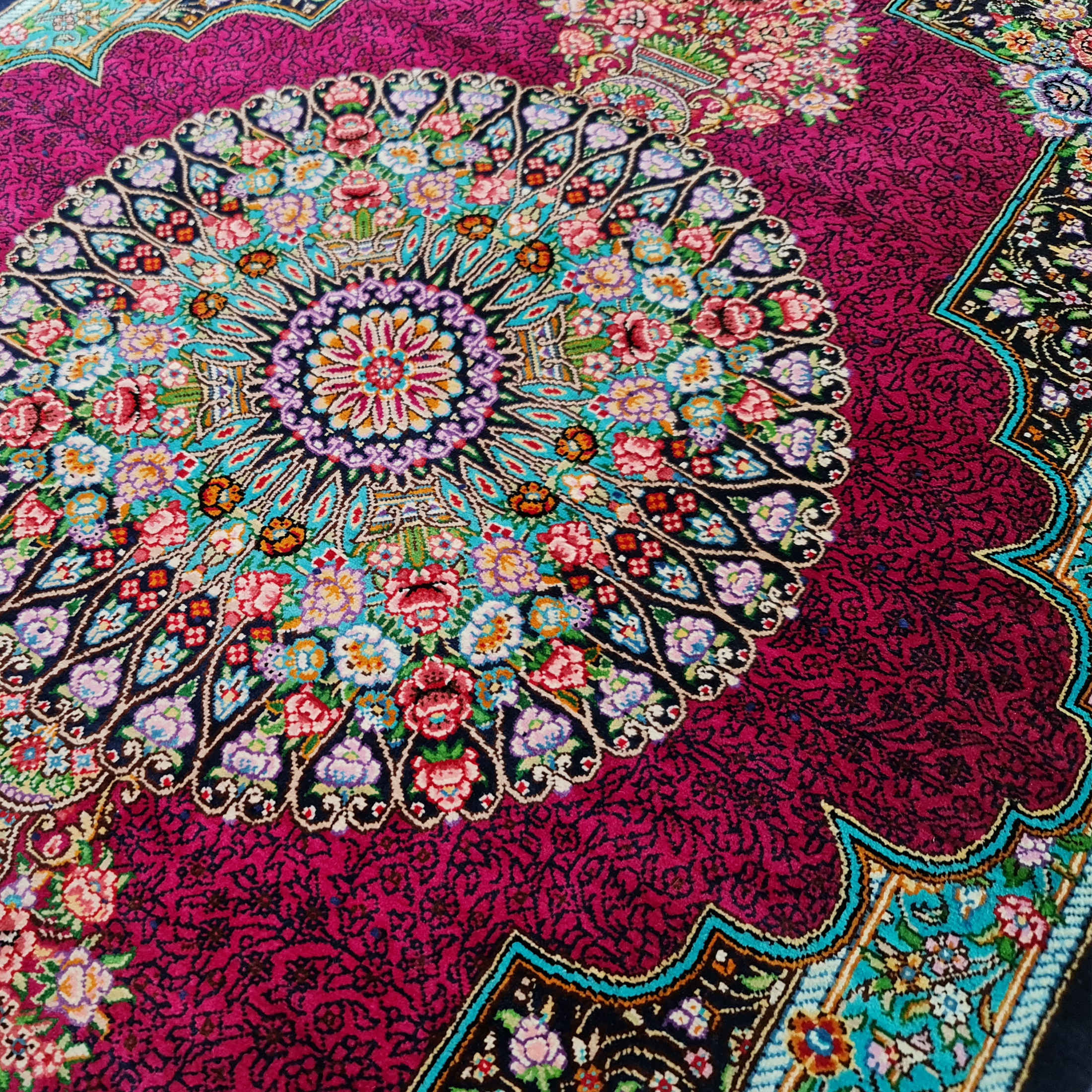 Tapis de prière persan en soie authentique noué à la main et luxueux Sajada Keyvan