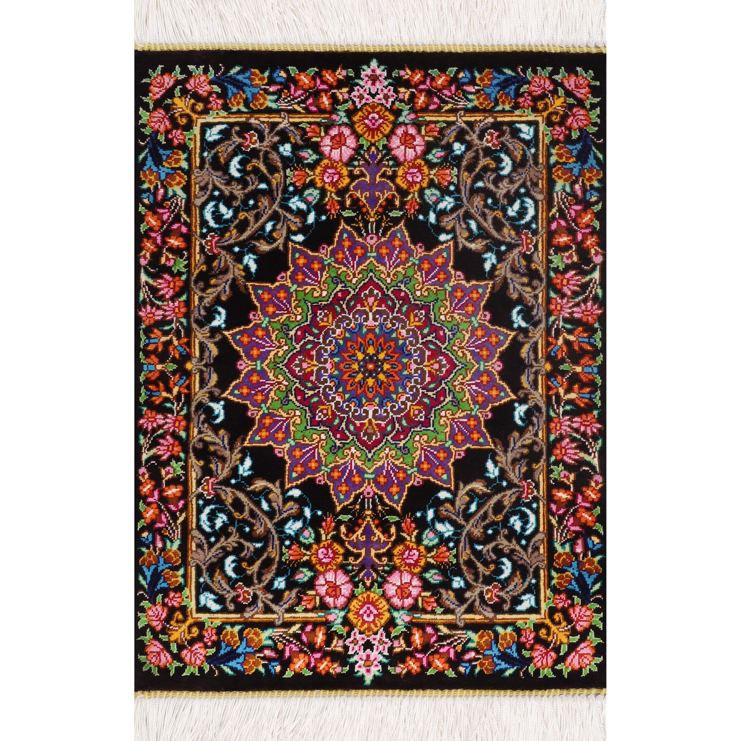 Tapis de prière persan en soie authentique noué à la main et luxueux Sajada Médaillon