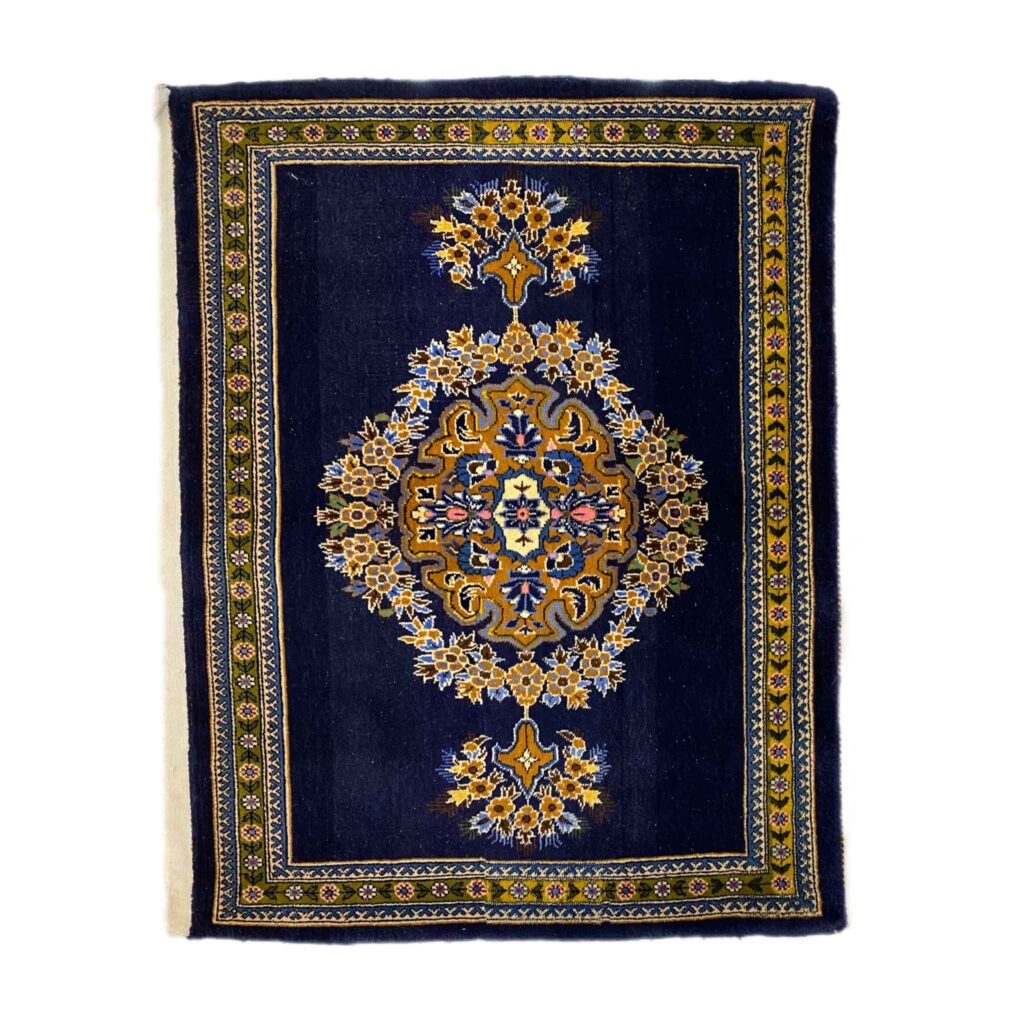 Tapis de prière persan authentique noué à la main et luxueux Sajada Bleu Marine