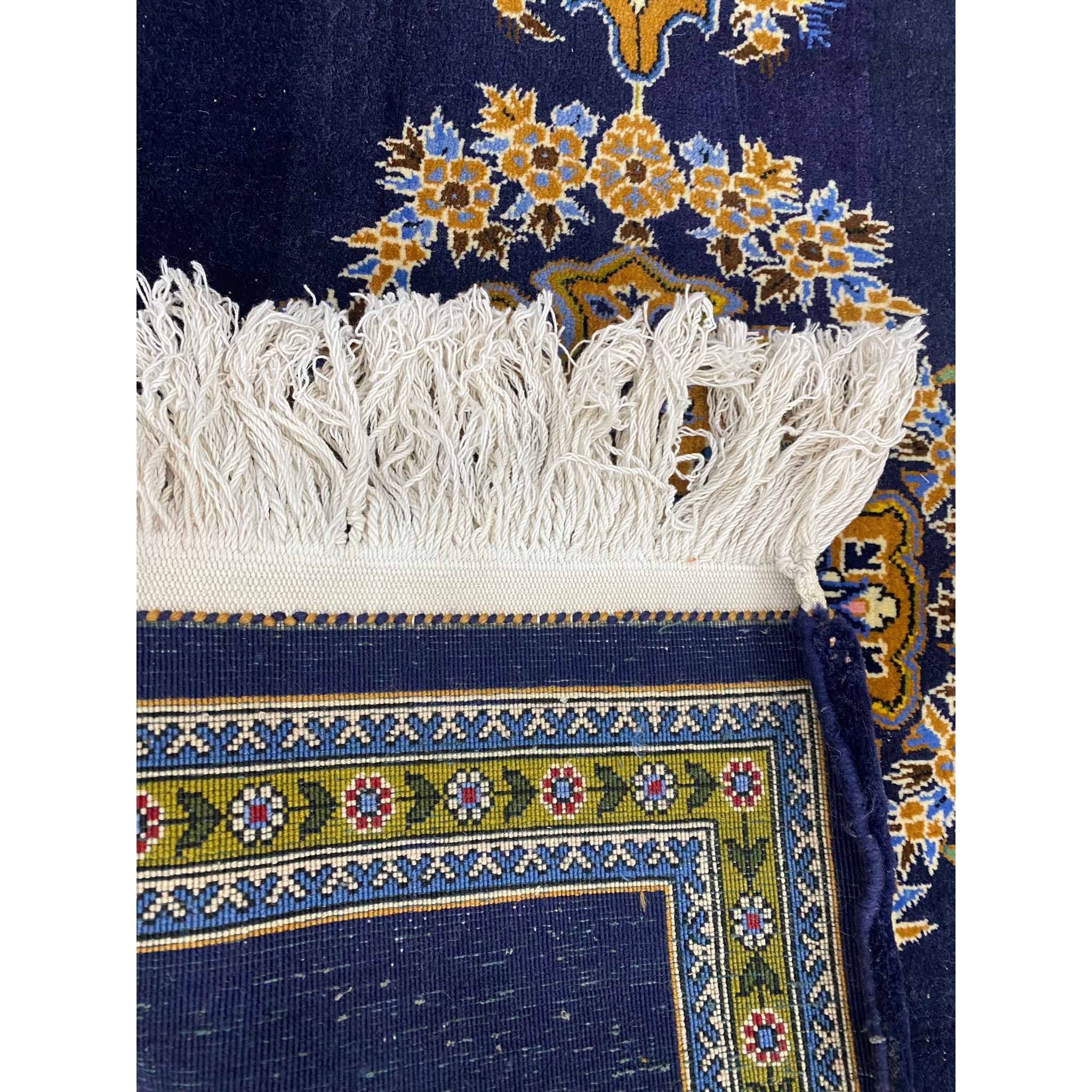 Tapis de prière persan authentique noué à la main et luxueux Sajada Bleu Marine