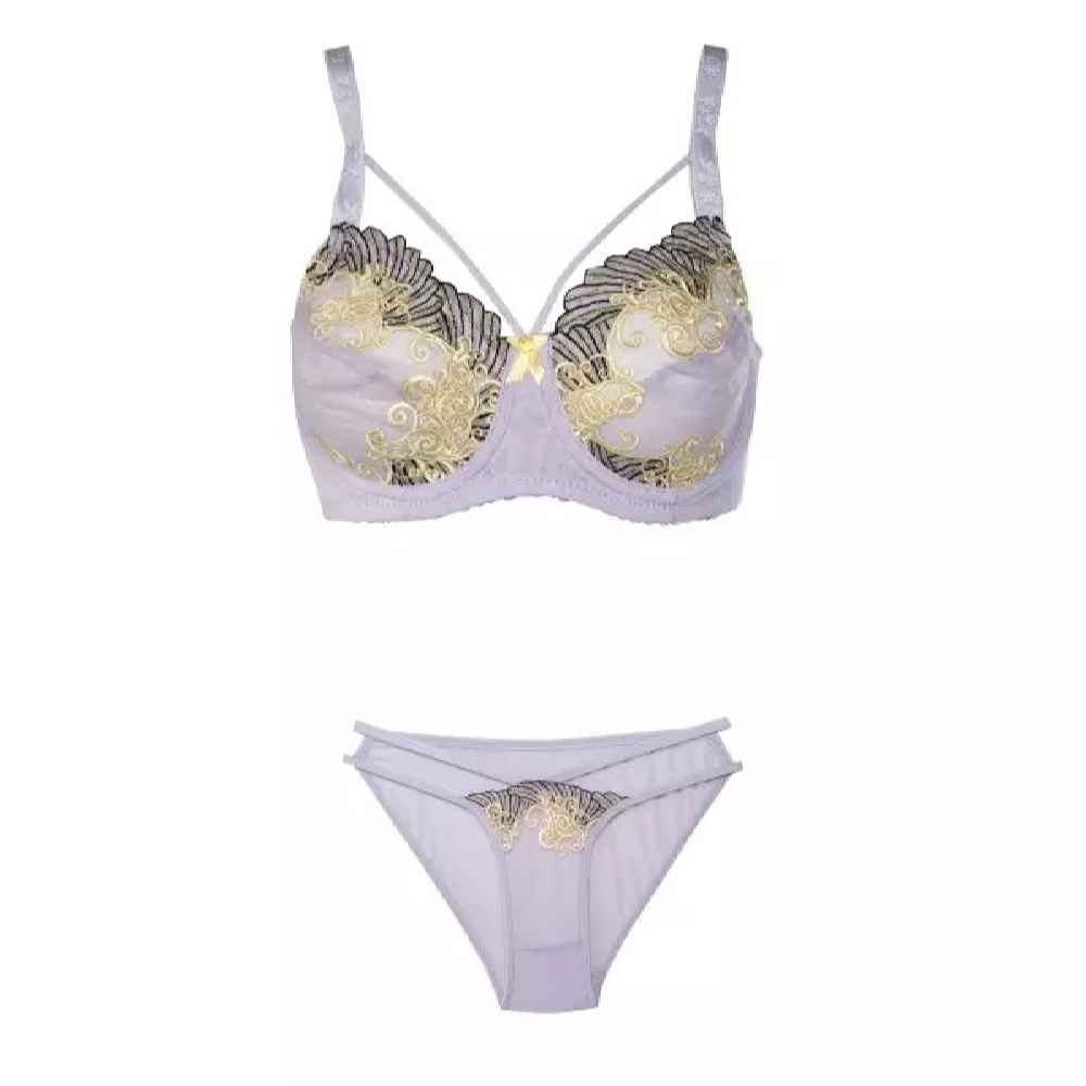 Ensemble de lingerie soutien-gorge en dentelle & string brodé avec bretelles réglables