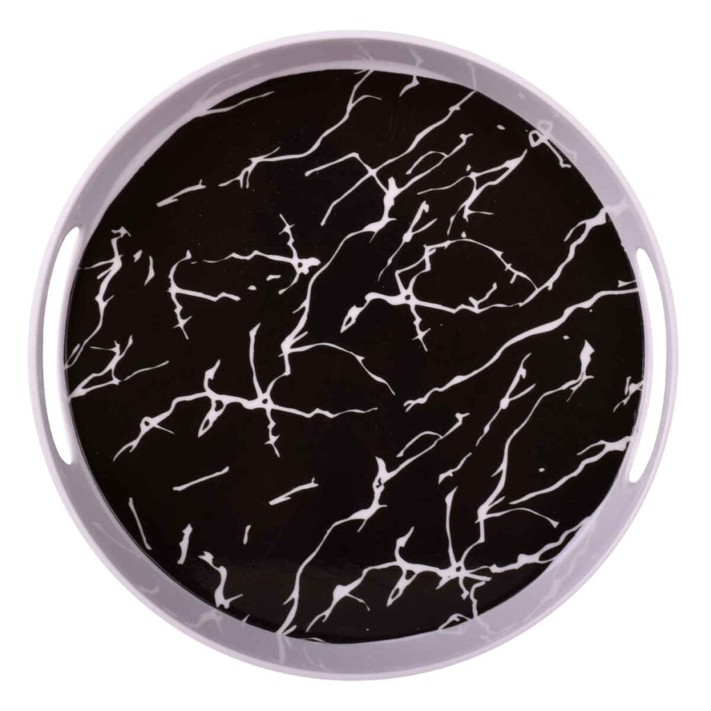 Plateau de service en mélamine, forme ronde avec poignées, design marbre noir