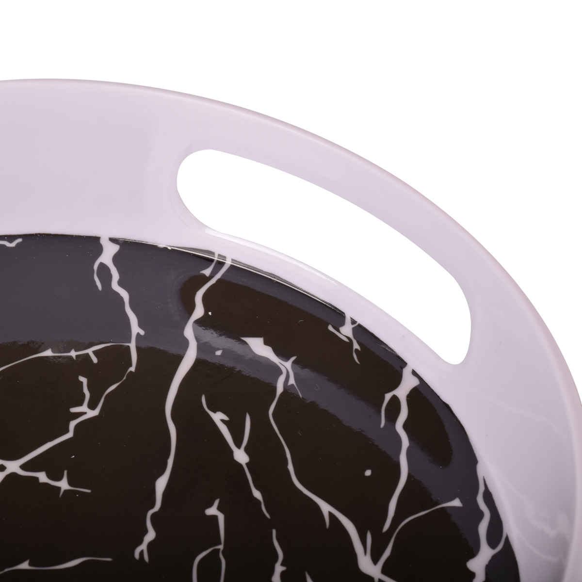 Plateau de service en mélamine, forme ronde avec poignées, design marbre noir