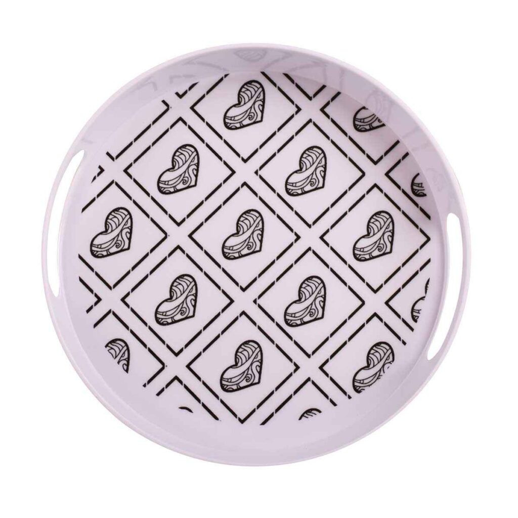 Plateau de service en mélamine, forme ronde avec poignées, design cœur