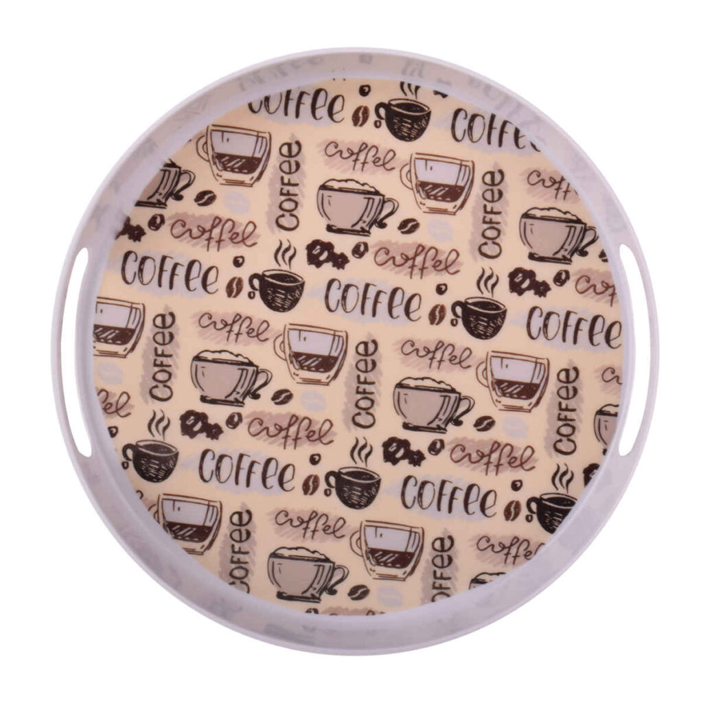 Plateau de présentation en mélamine, forme ronde avec poignées, modèle Café