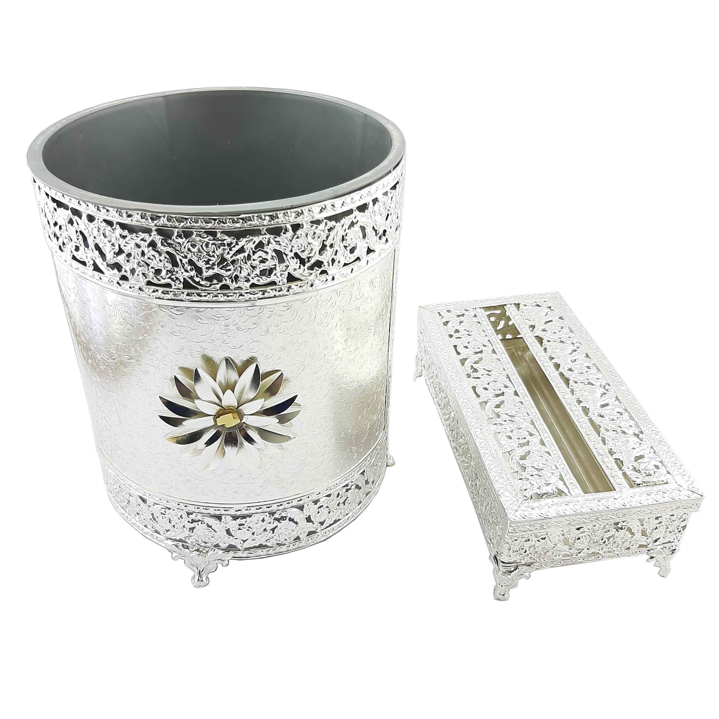 Ensemble corbeille et boîte à mouchoirs en métal – Trois couleurs luxueuses