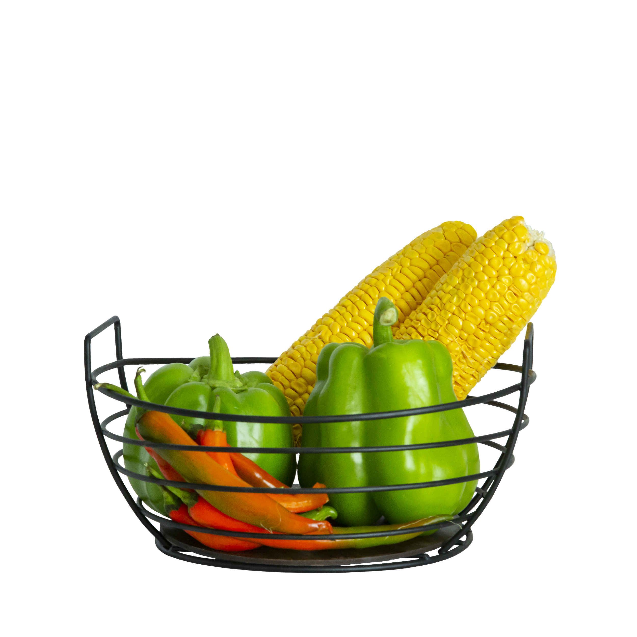 Panier à fruits en fil métallique forme ovale avec base en bois