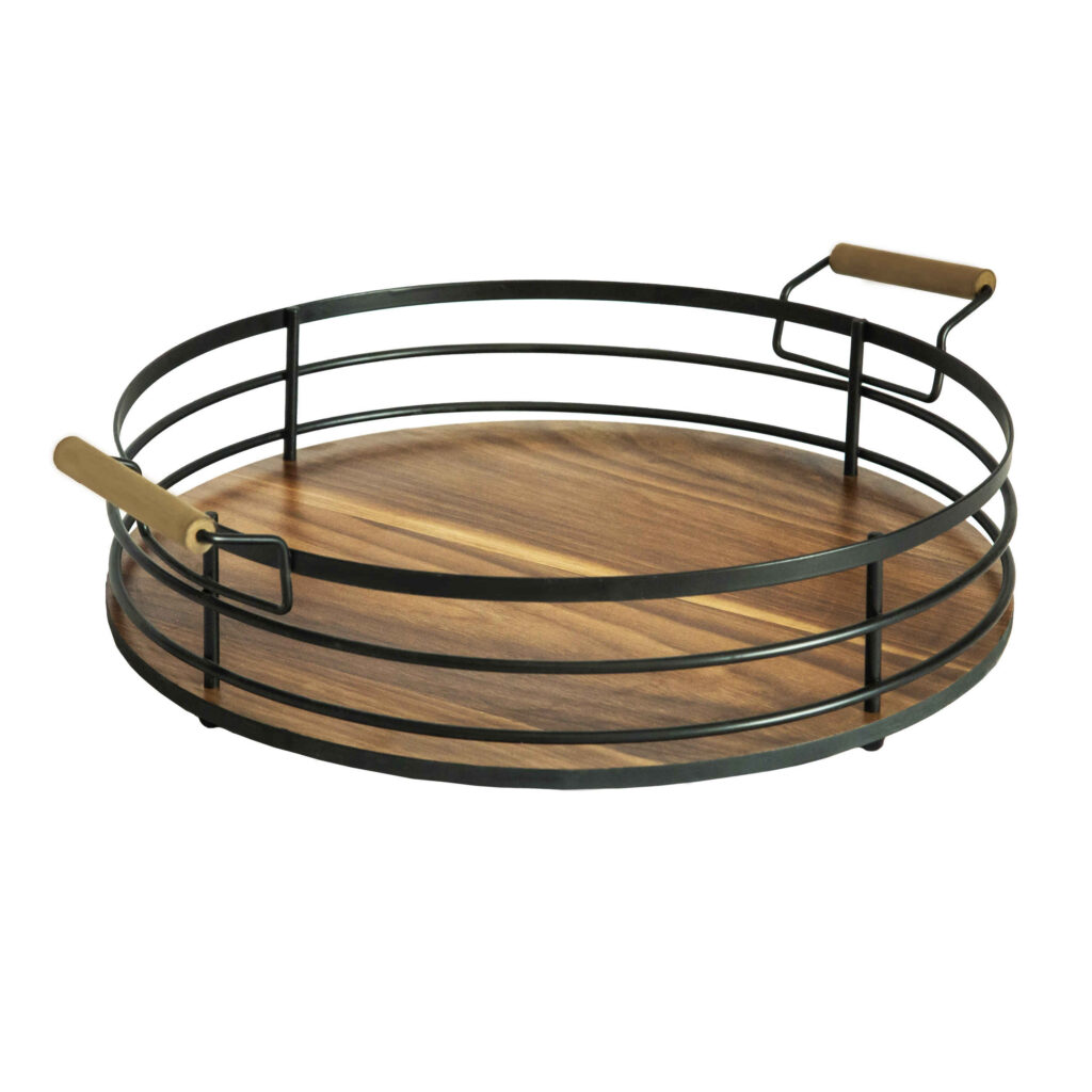 Panier à fruits en fil métallique forme ronde avec poignée en bois