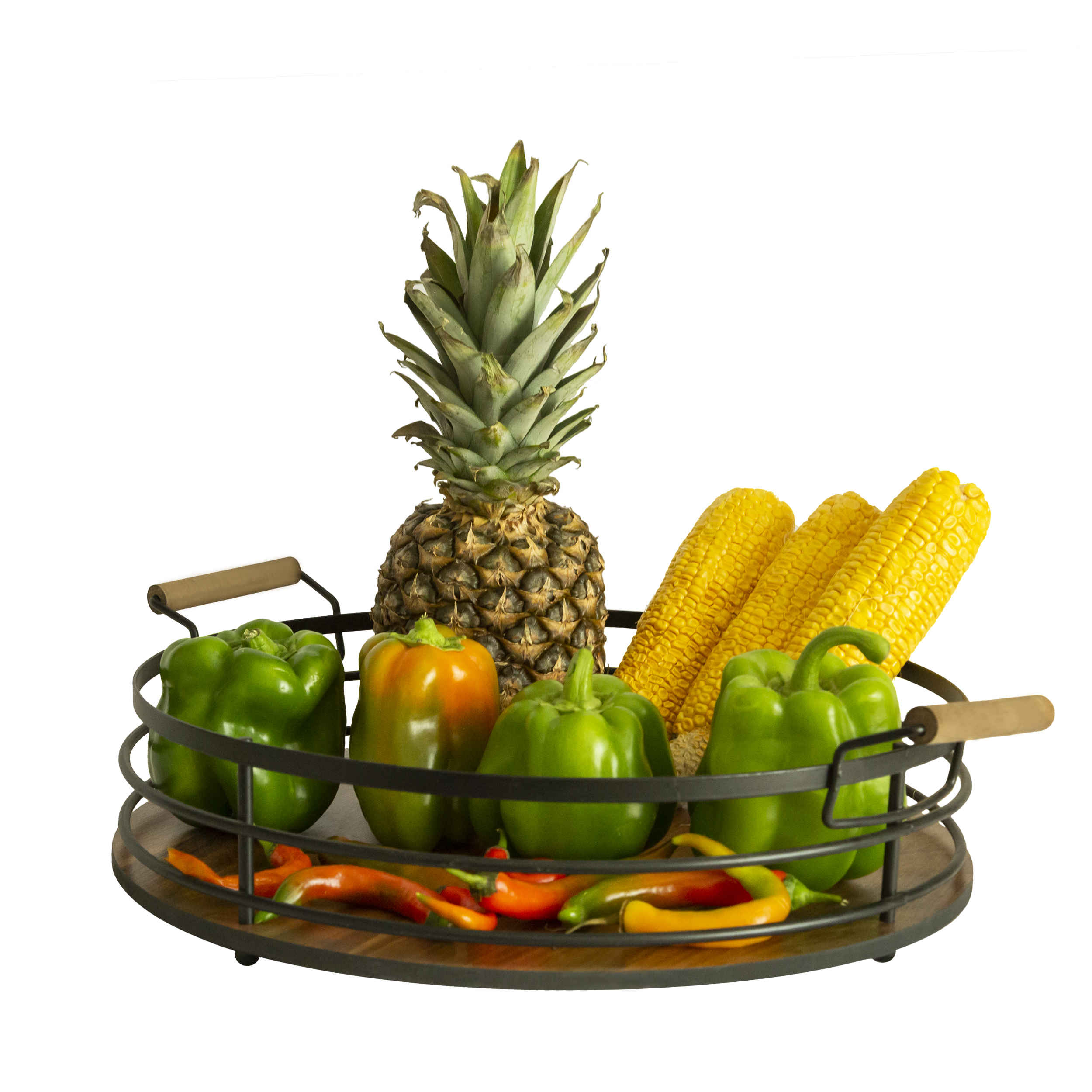 Panier à fruits en fil métallique forme ronde avec poignée en bois