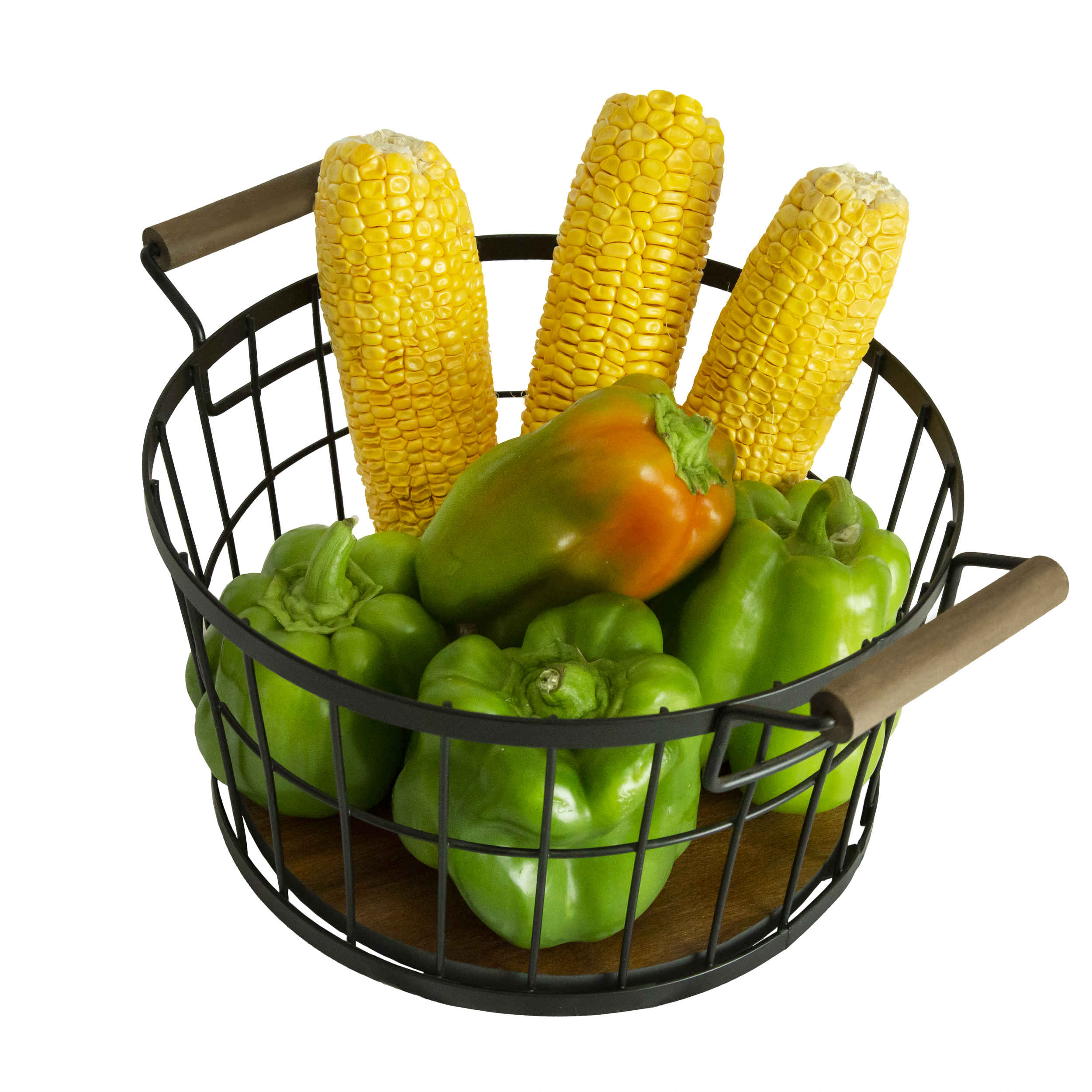 Panier à fruits en fil métallique avec base en bois modèle Haut