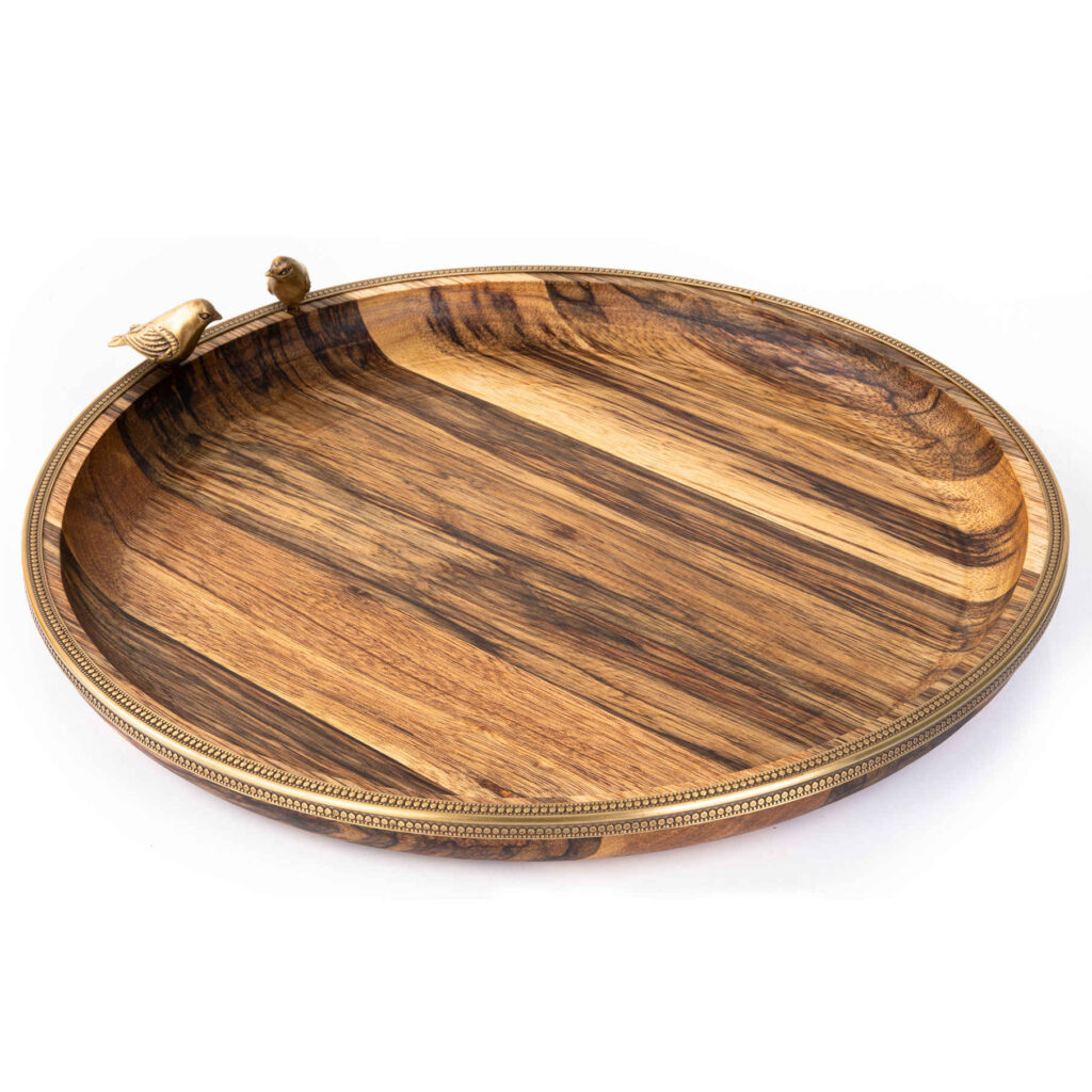 Plateau en bois avec bordure dorée et motif d’oiseau – Décoratif et pratique