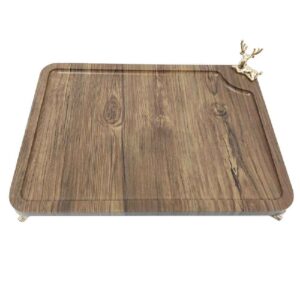 Plateau en bois avec cerf doré en acier et base – Pièce centrale originale pour le service
