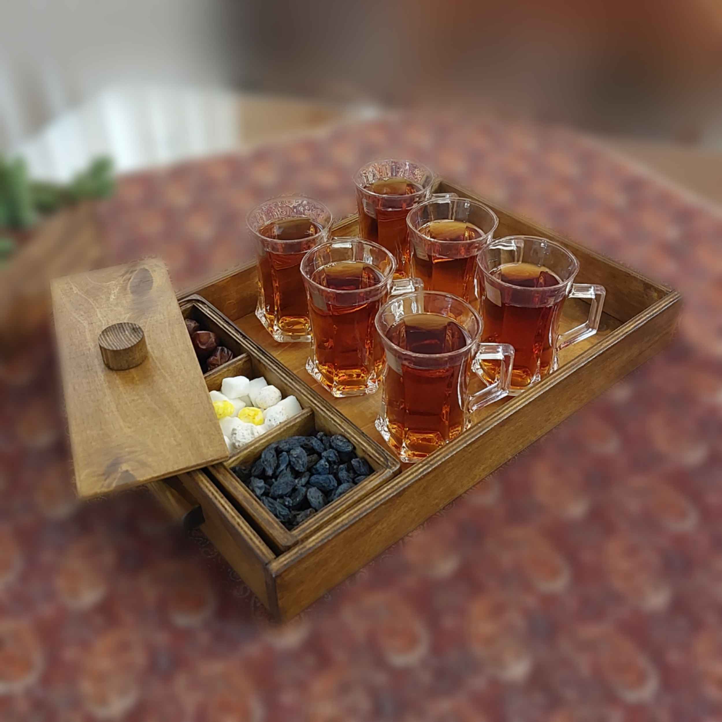 Plateau en bois avec sucrier à trois compartiments et poignée – Pour le thé ou les douceurs