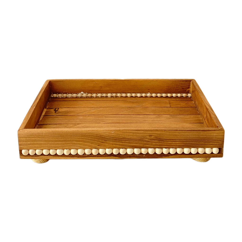 Plateau de service décoratif en bois avec perles et base