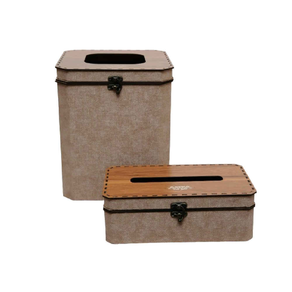 Ensemble corbeille et boîte à mouchoirs en bois – Couvercle à charnière