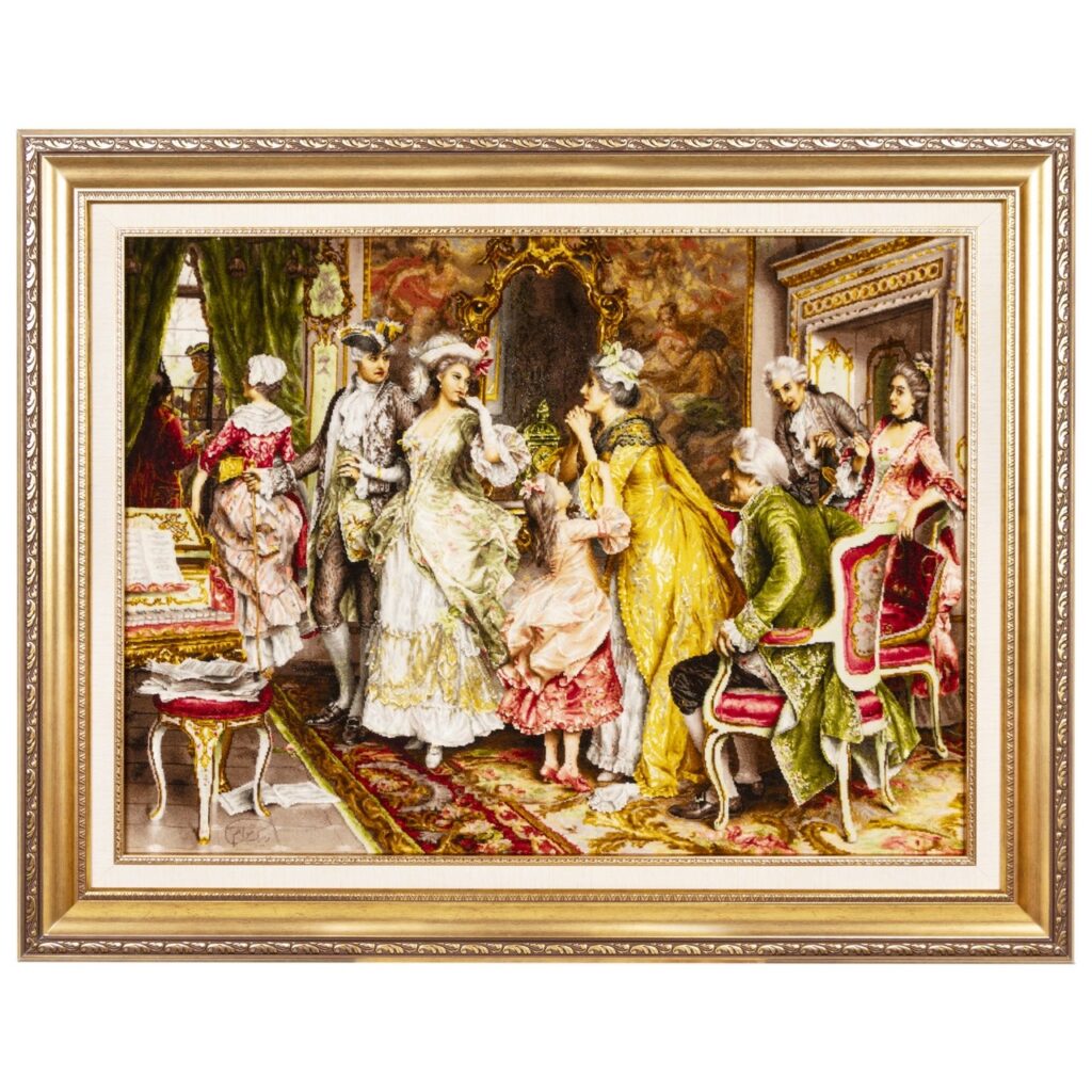 Tapis persan figuratif noué à la main de Tabriz représentant L’attente d’Arturo Ricci