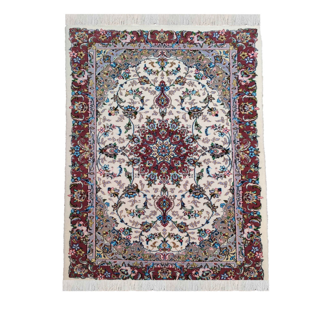 Tapis persan authentique en soie noué à la main à Kashan Toranj crème