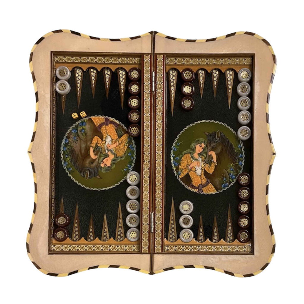 Plateau de Backgammon en Marqueterie Incrustée Artisanal avec Élégance Khatamkari Persane