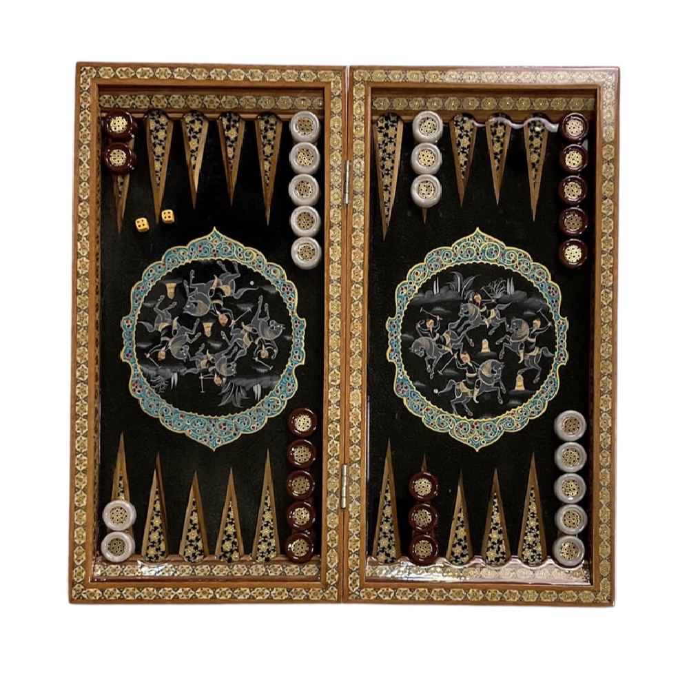 Plateau de Backgammon en Marqueterie Incrustée Design Chovgan avec Détails Khatamkari