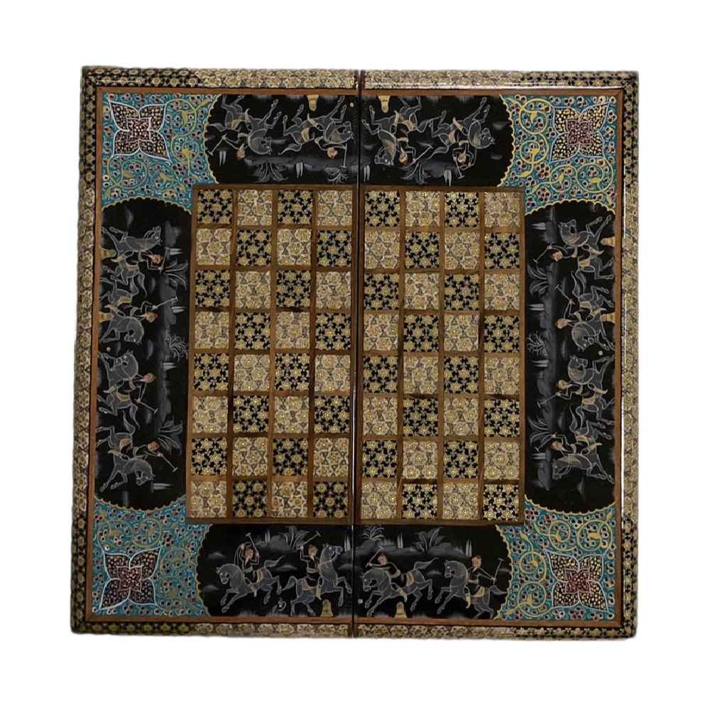 Plateau de Backgammon en Marqueterie Incrustée Design Chovgan avec Détails Khatamkari