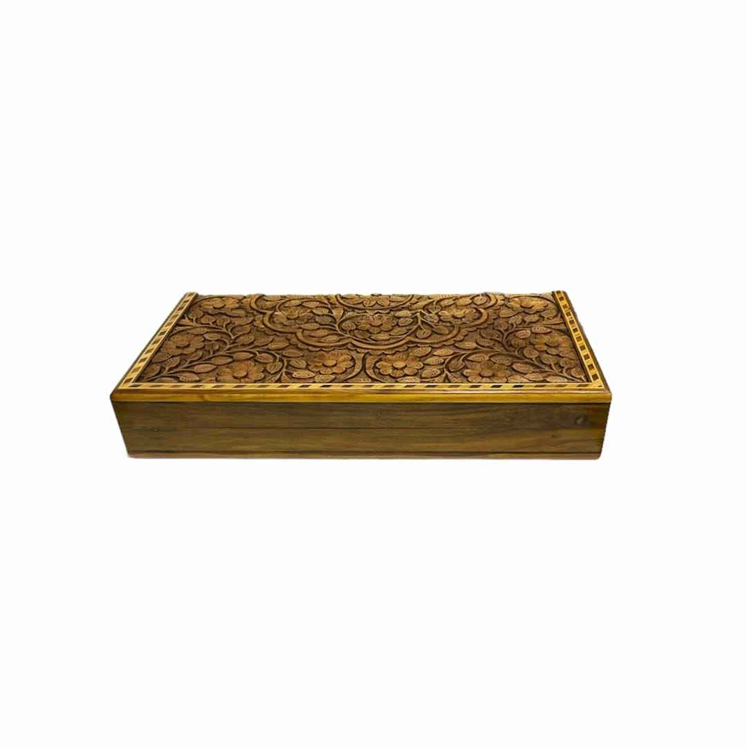 Plateau de Backgammon Fait Main avec Motif Floral Complexe en Noyer