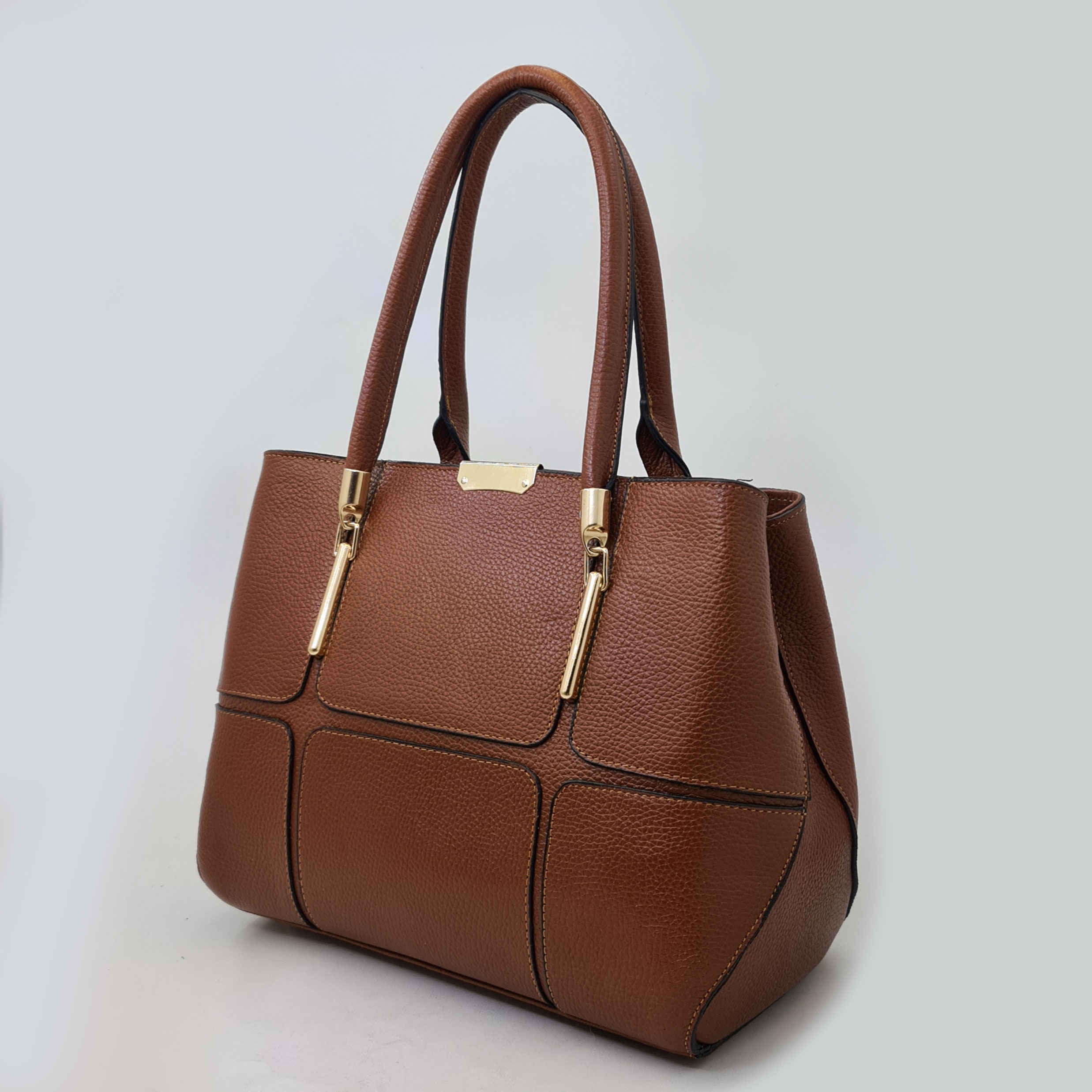 Sac à main Bauletto en cuir marron avec grande capacité et poignées doubles