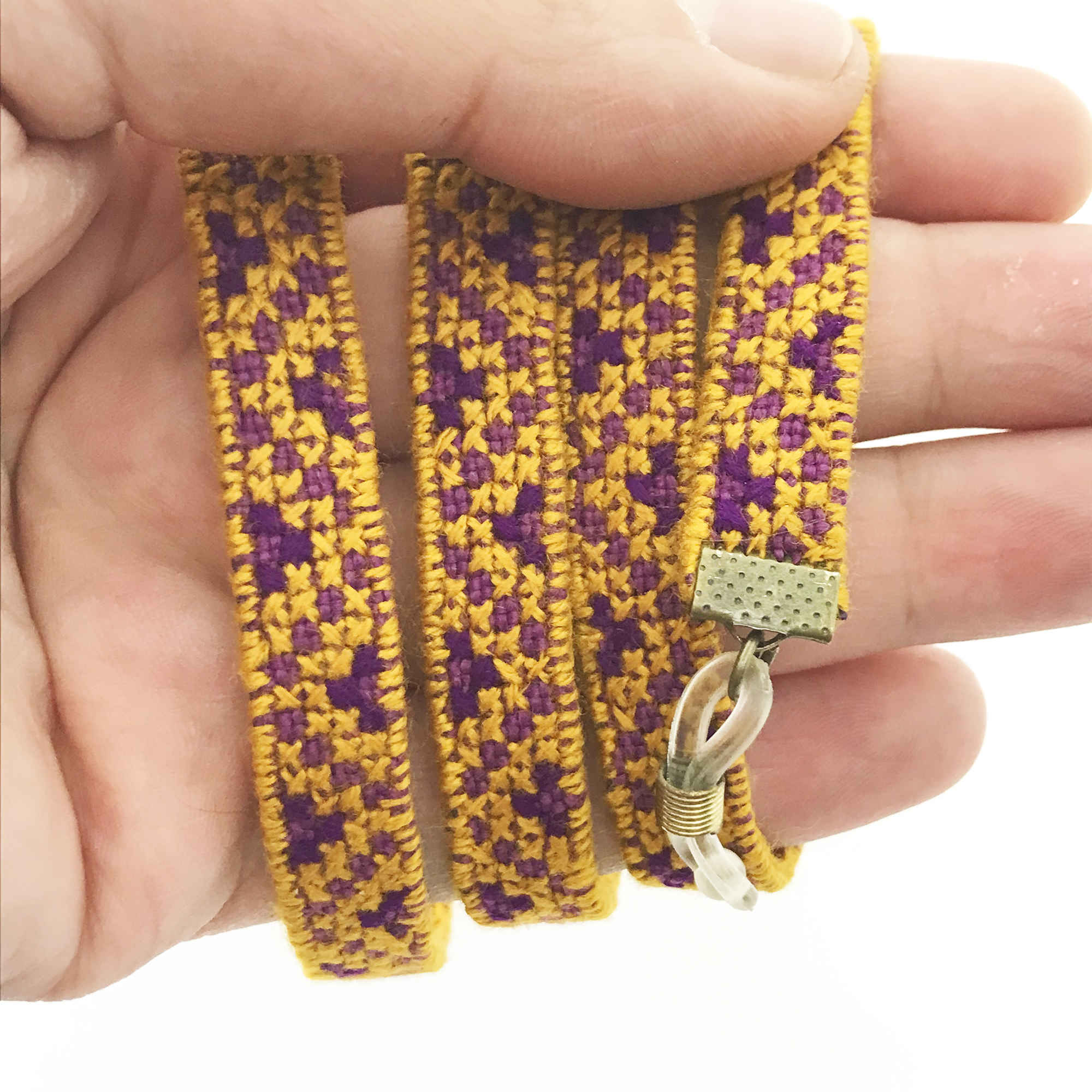 Sangle de lunettes artisanale – Broderie baloutche jaune & violette