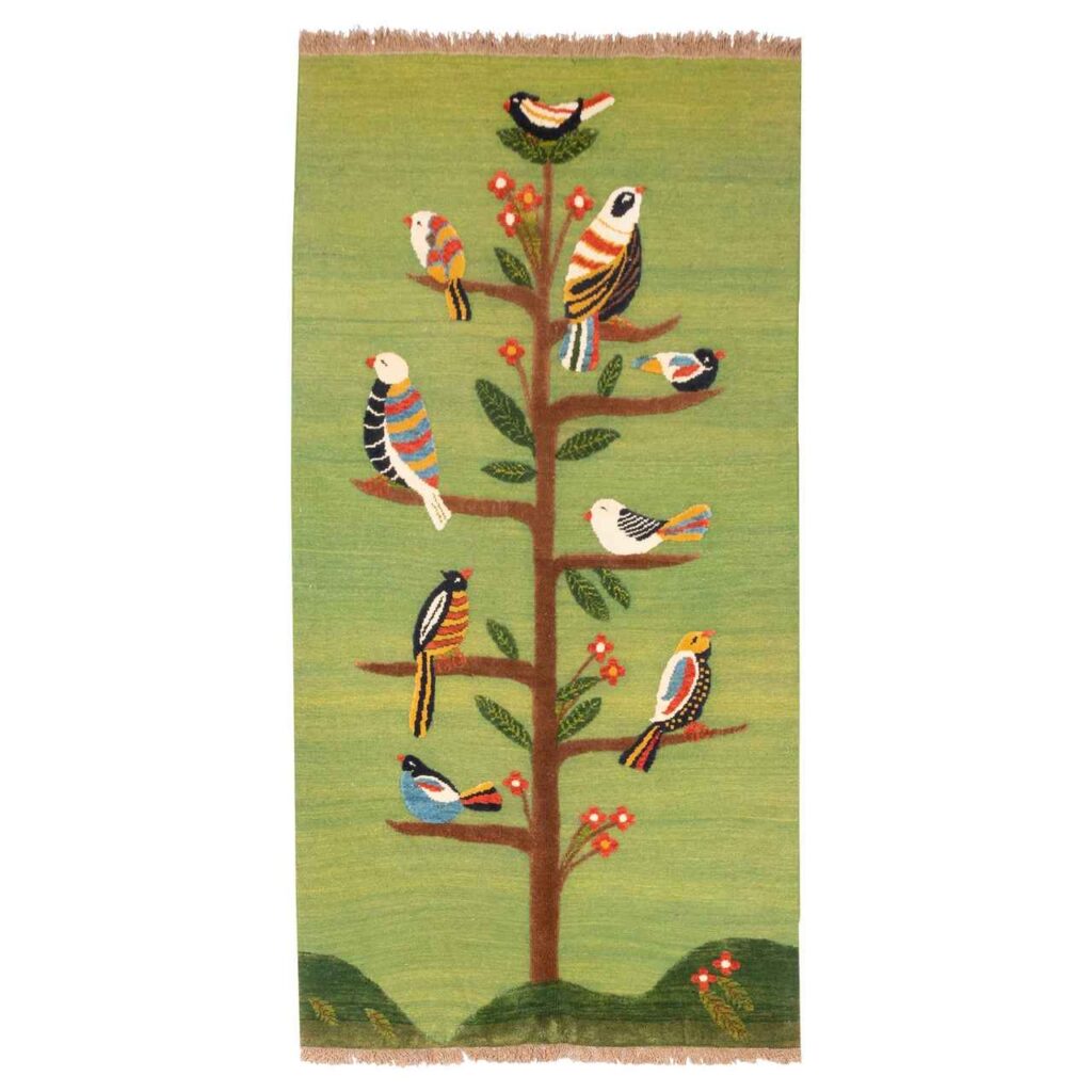 Tapis Kilim en laine persane authentique tissé à la main à Kerman Oiseau