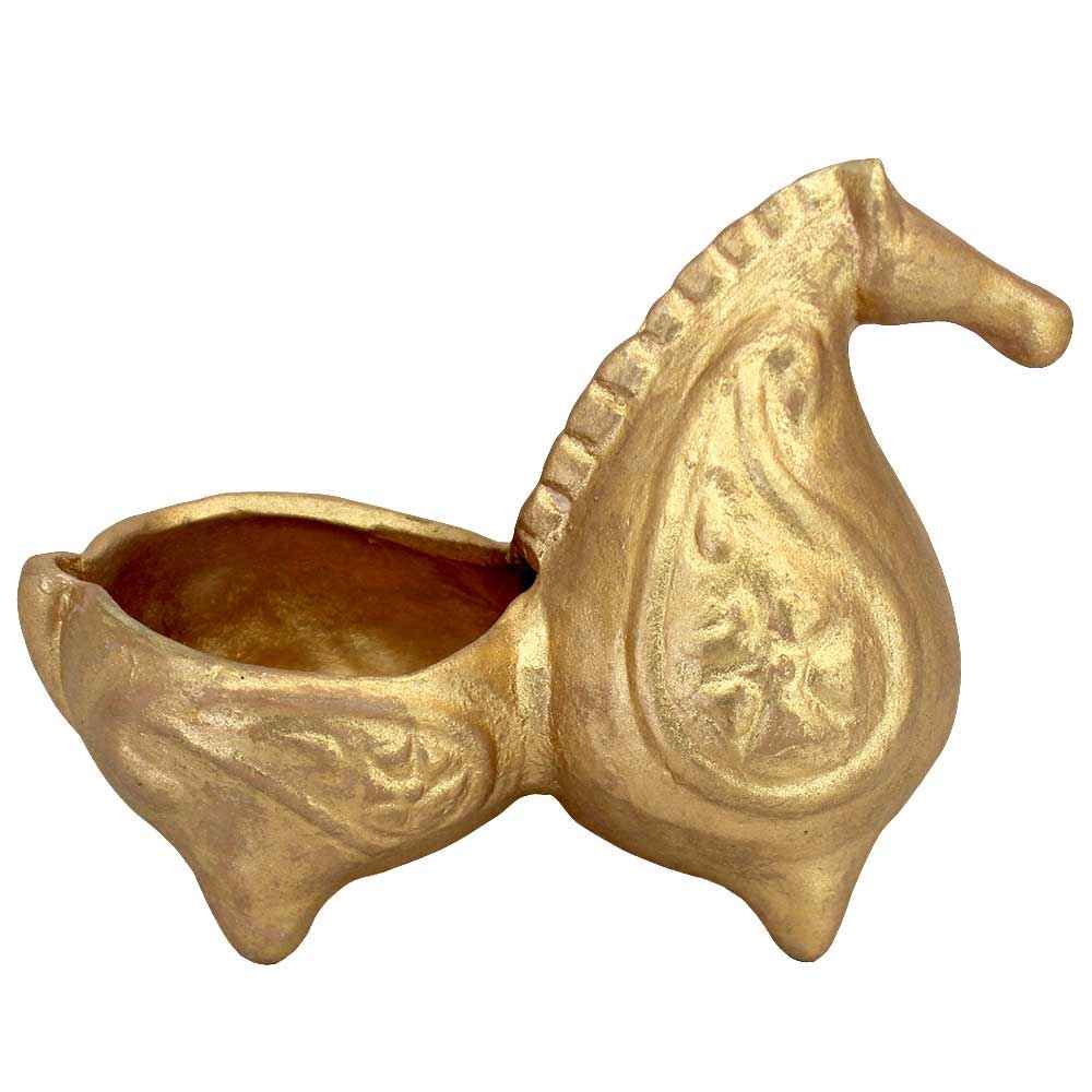Sculpture d’encens en poterie dorée artisanale – Design cheval