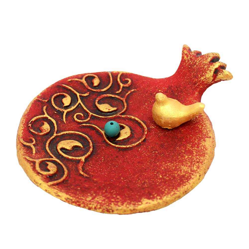 Porte-encens en poterie artisanale persane – Design grenade et oiseau