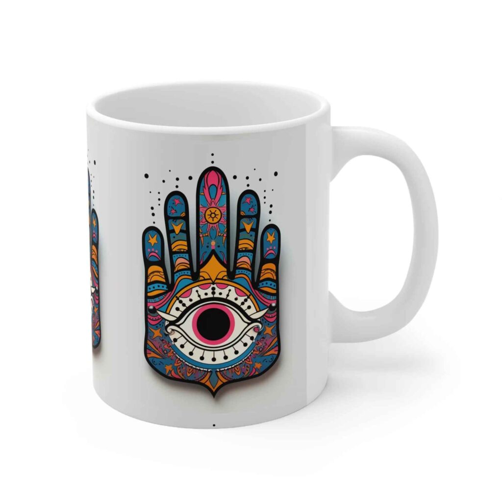 Tasse à Café en Céramique Islamique - Motif Main de Fatima Hamsa Colorée