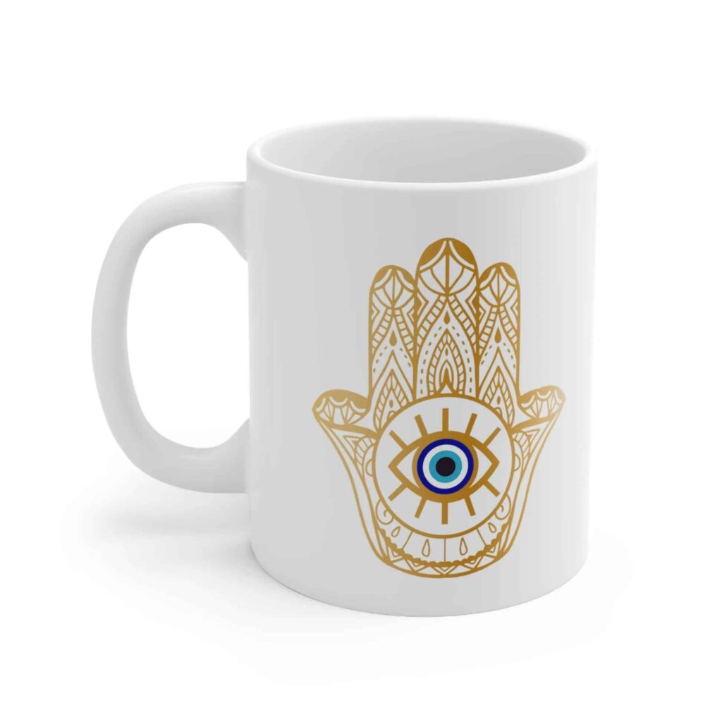 Tasse à Café en Céramique Islamique - Motif Main Hamsa Dorée