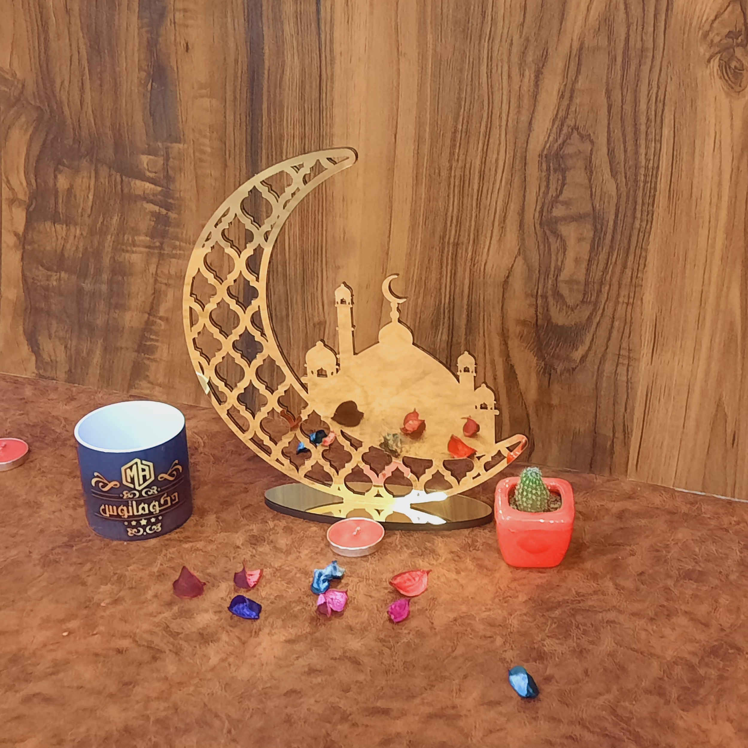 Bougeoir de table en acrylique islamique avec design Ramadan & croissant de lune