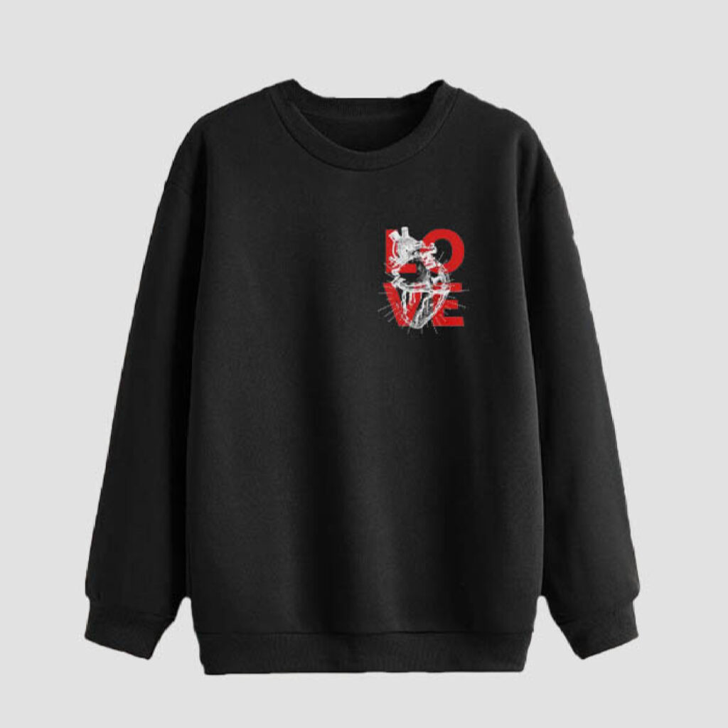 Sweat-shirt homme col rond en coton noir à motif « Amour »