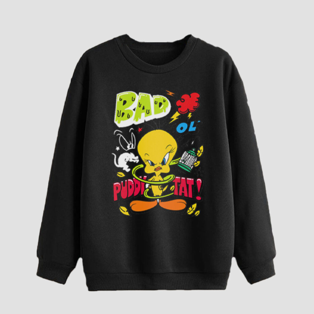 Sweat-shirt homme col rond en coton noir Tweety Design