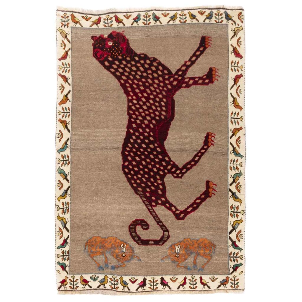 Tapis Gabbeh en laine persane original tissé à la main avec motifs animaliers Léopard