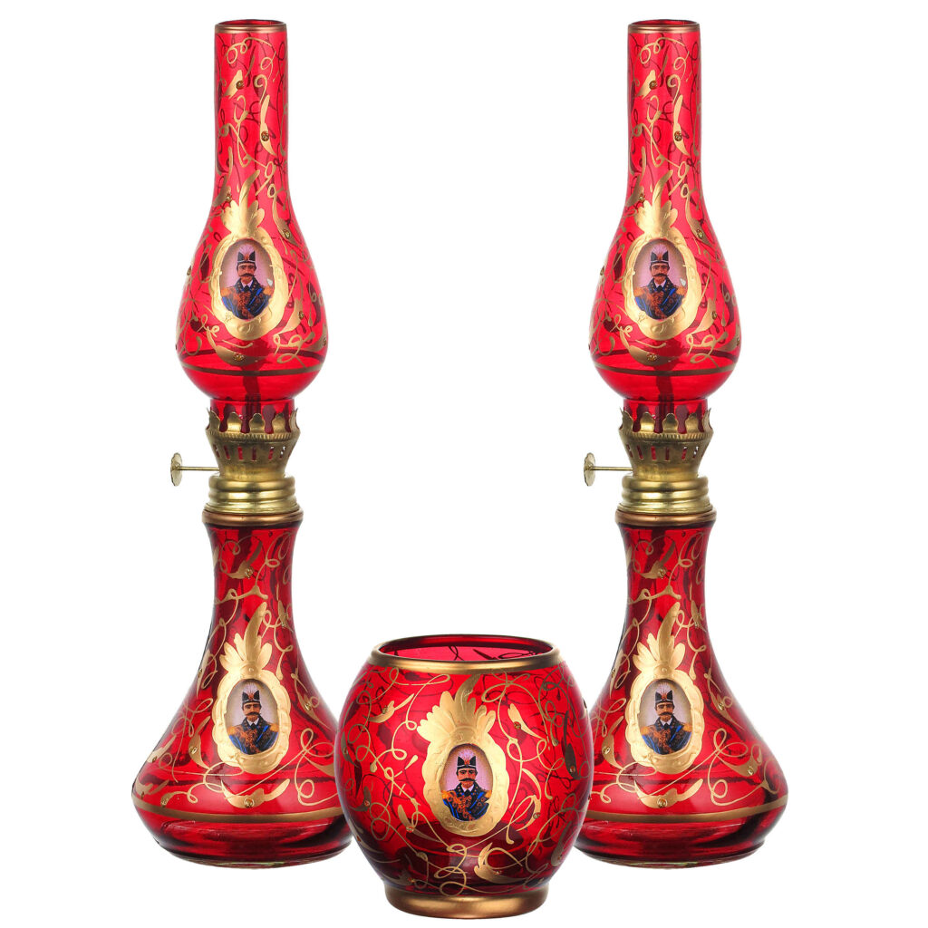 Ensemble lampe à huile persane au kérosène avec bougeoir – motif Shah Abbasi
