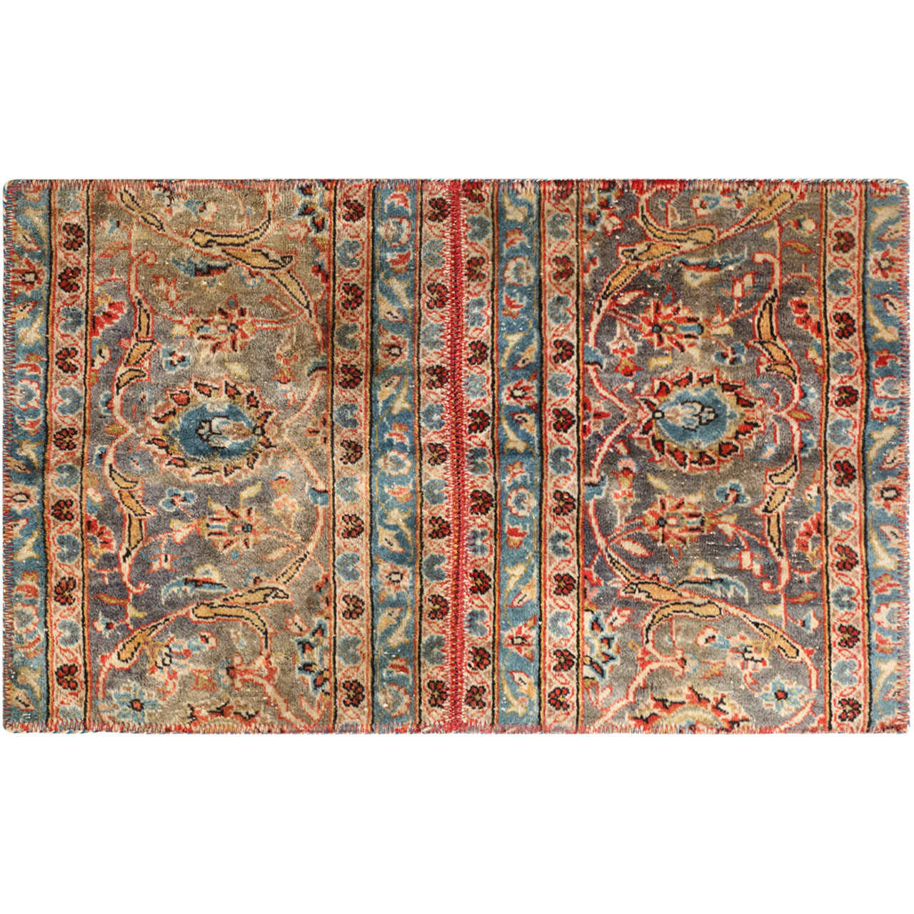 Tapis patchwork noué à la main persan vintage Kashan vert