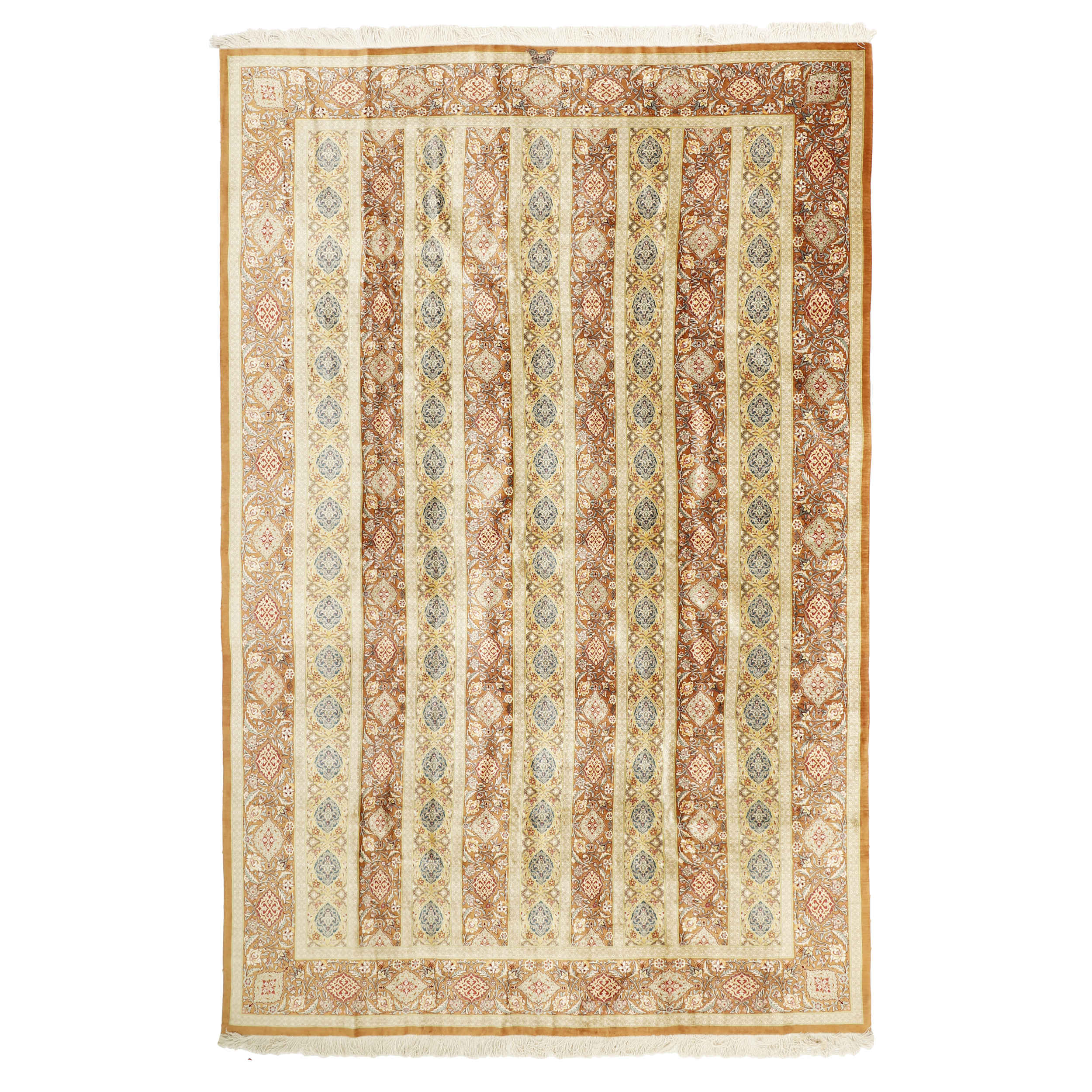 Tapis persan avec soie noué à la main à Ghom Boteh brun clair