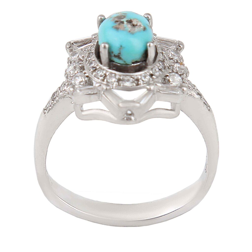 Bague en Argent Persan Faite Main avec Turquoise de Neyshabur Plaqué Rhodium