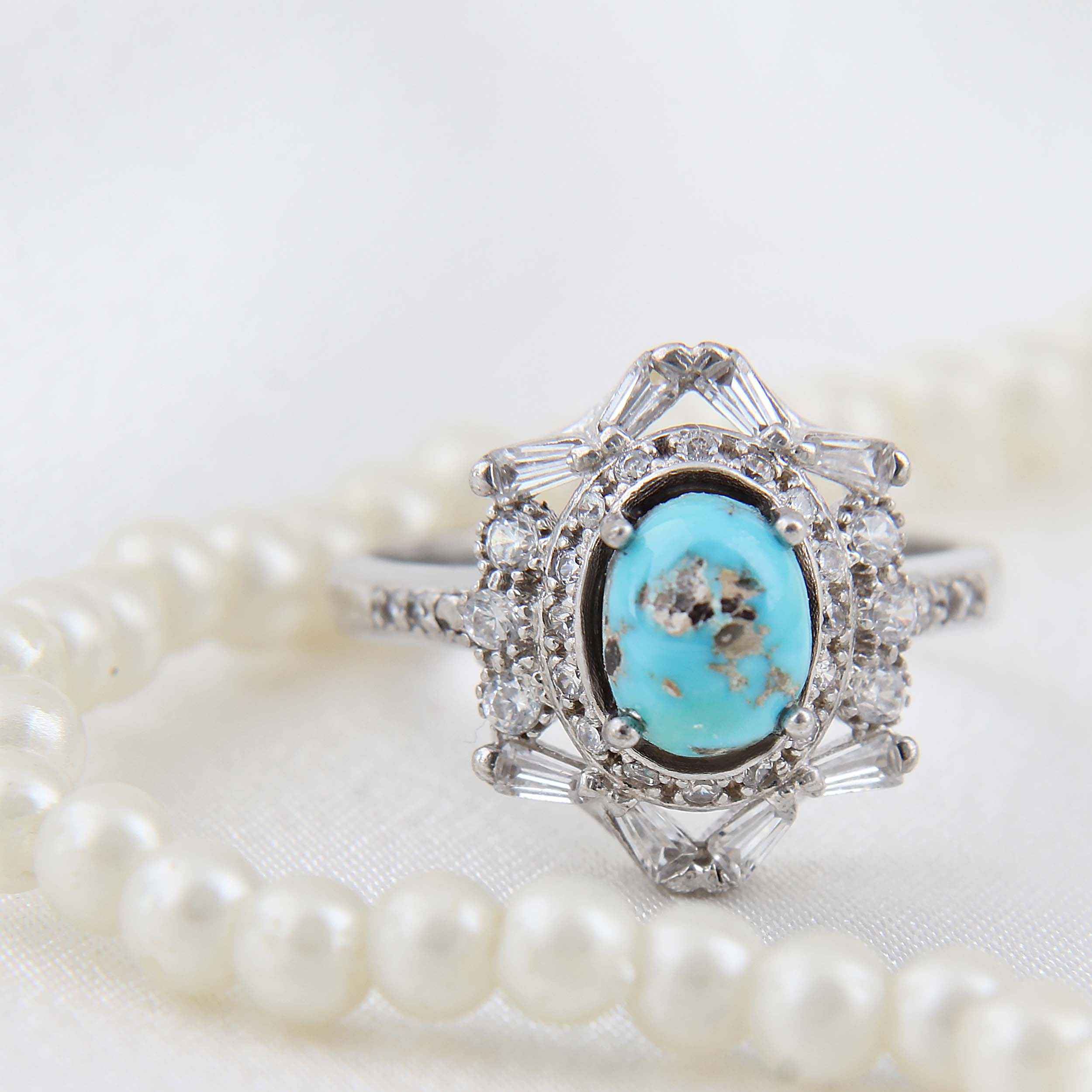 Bague en Argent Persan Faite Main avec Turquoise de Neyshabur Plaqué Rhodium