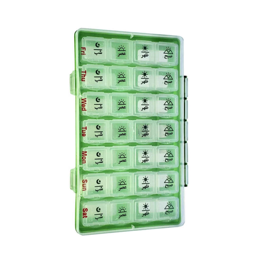 Organisateur de pilules hebdomadaire avec 4 rappels quotidiens et étiquettes en farsi
