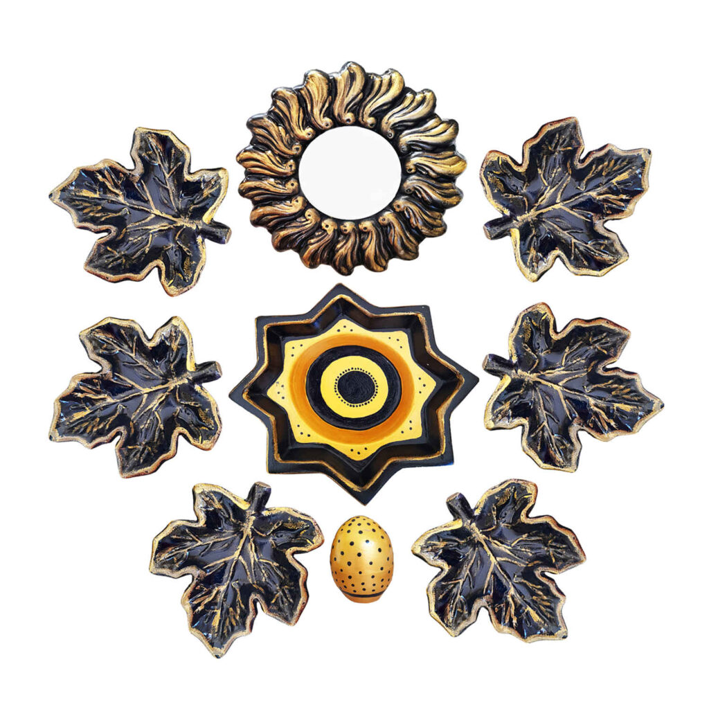 Ensemble de plats Haft-Seen en céramique avec motif feuille et miroir pour Norouz