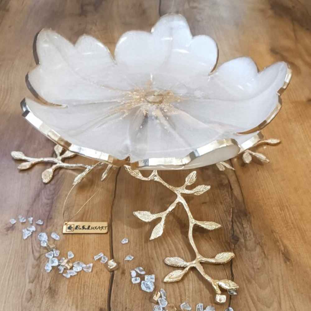 Plat de Service en Résine avec Base en Laiton Motif Feuille