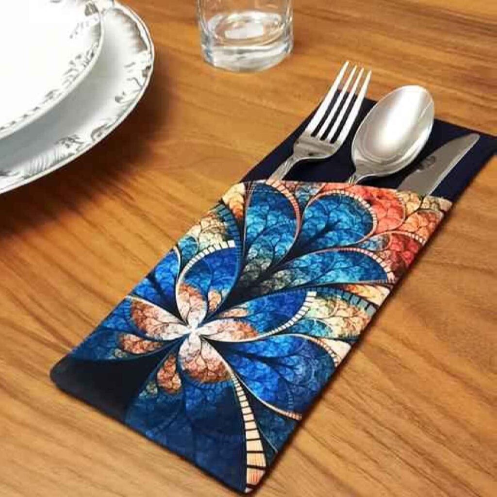 Pochette à couverts en velours avec motif floral - Mise de table élégante