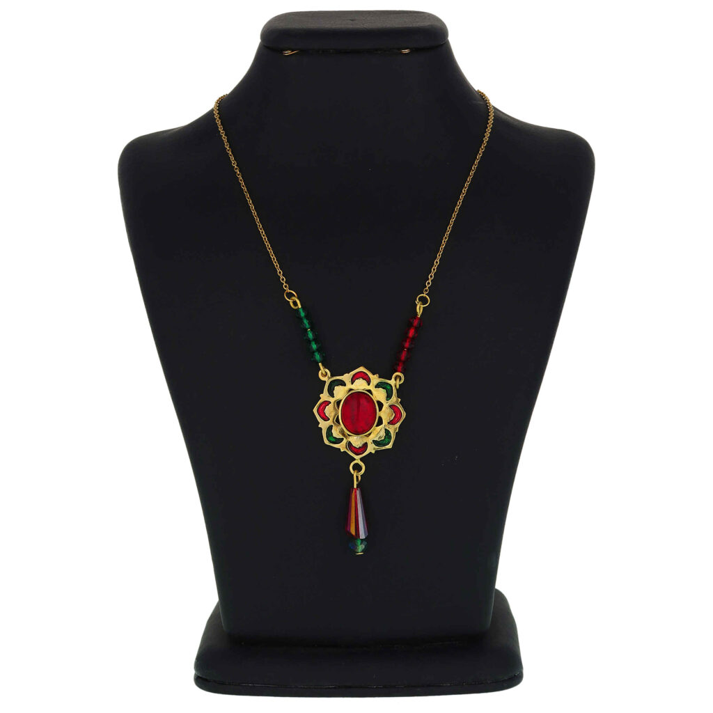 Collier en Laiton Thème Traditionnel Persan pour Femmes avec Agate Rouge et Verte