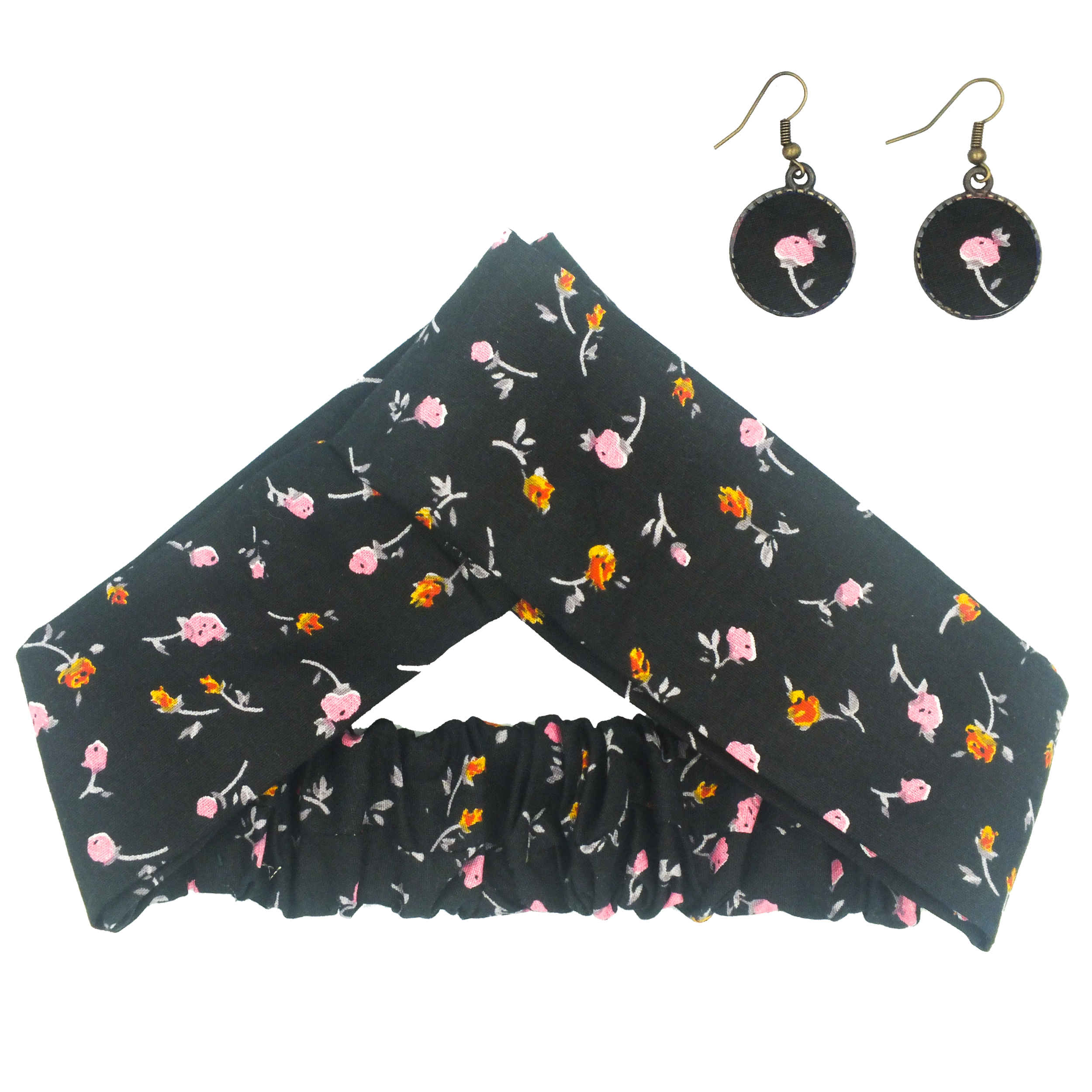 Ensemble Bandeau Croisé Torsadé & Boucles d'Oreilles Noir avec Fleurs pour Femme